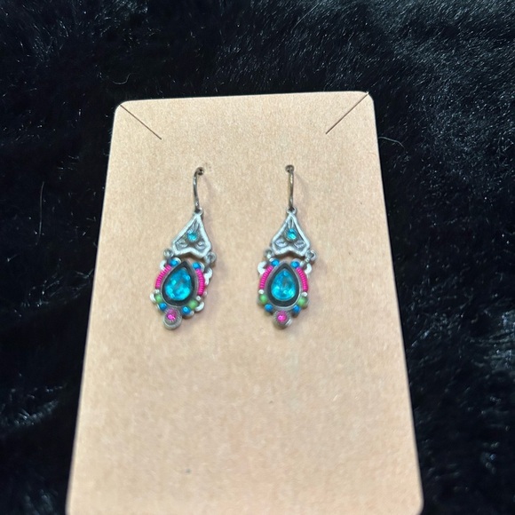Boho Gemstone-Inspired Dangle Earrings Teardrop Blue with Pink Silver Detailing - Picture 4 of 5